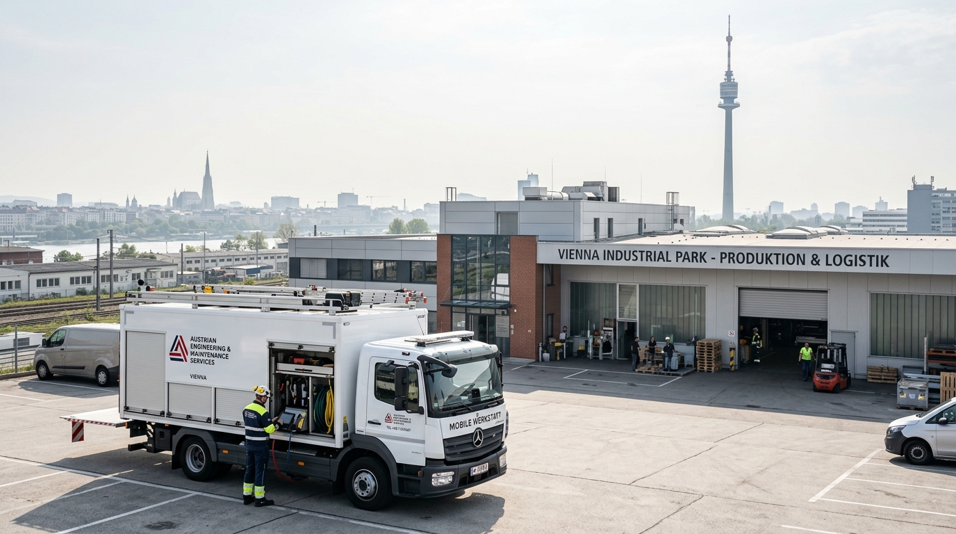 Mobile Werkstatt von Autogenschneider.at vor einem Industriepark in Wien