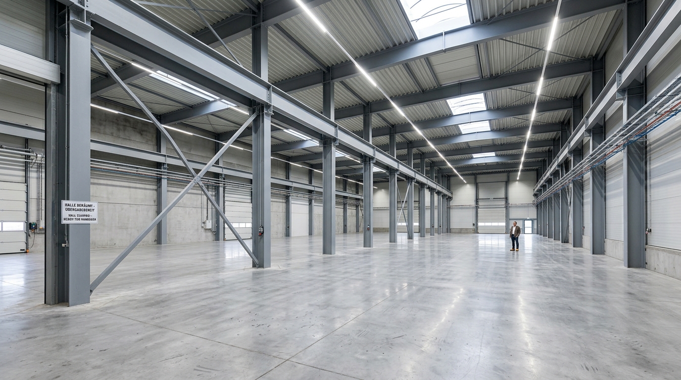 Hallenrückbau und Betriebsauflösung: besenrein geräumte Industriehalle nach der Demontage